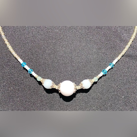 HAND CRAFTED Upcycled Blue White Silver Necklace earring set Feminine Delicate - Picture 4 of 14